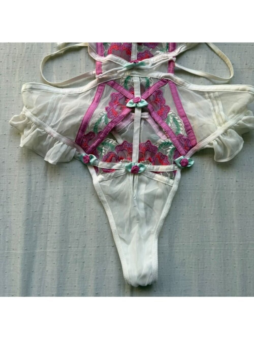 For Love and Lemons Festival Rose Teddy White Pink Embroidered Bodysuit NWT 36B - Picture 10 of 16